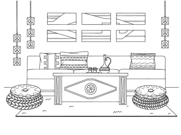 Skizzieren Sie Ein Gemütliches Wohnzimmer Boho Stil Sofa Tisch Und — Stockvektor