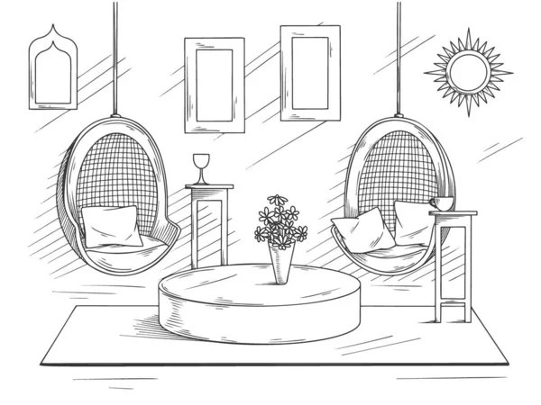 Sketch Przytulny Salon Stylu Boho Podwieszone Krzesła Różne Elementy Dekoracyjne — Wektor stockowy