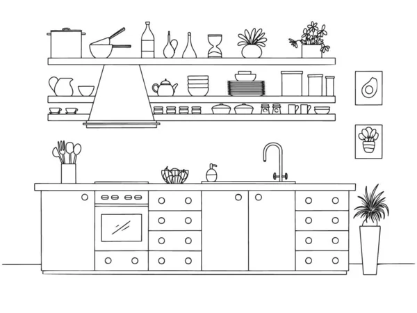 Cozinha Desenhada Mão Ilustração Vetorial Estilo Esboço — Vetor de Stock