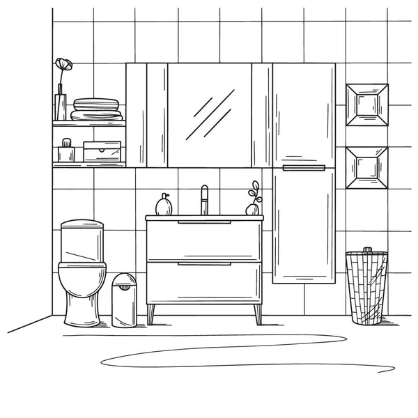Skizzieren Sie Das Badezimmer Toilettenschüssel Badezimmermöbel Und Andere Gegenstände Vektorillustration — Stockvektor
