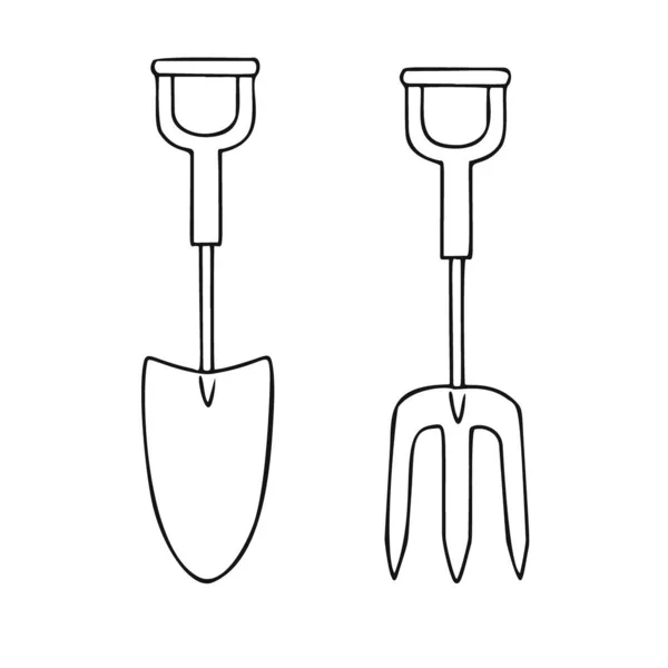 一套不同的园艺工具 铲子隔离在一个白色的背景 素描式矢量图解 — 图库矢量图片