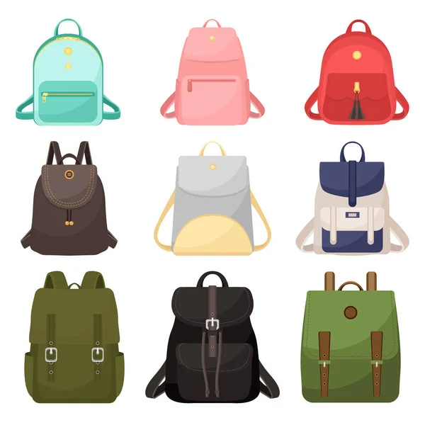 Conjunto Diferentes Mochilas Estilo Plano Aísla Sobre Fondo Blanco Ilustración — Vector de stock