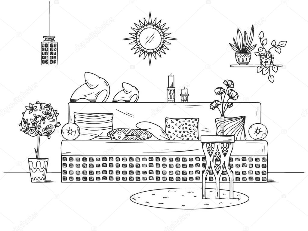Sketch a cozy living room in boho style. Sofa, table and various decor elements. Vector illustration in sketch style.