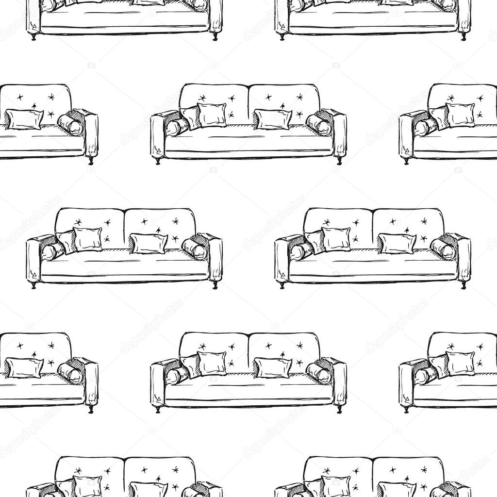 Seamless pattern. Sofa, ottoman on a white background. Vector illustration in sketch style.