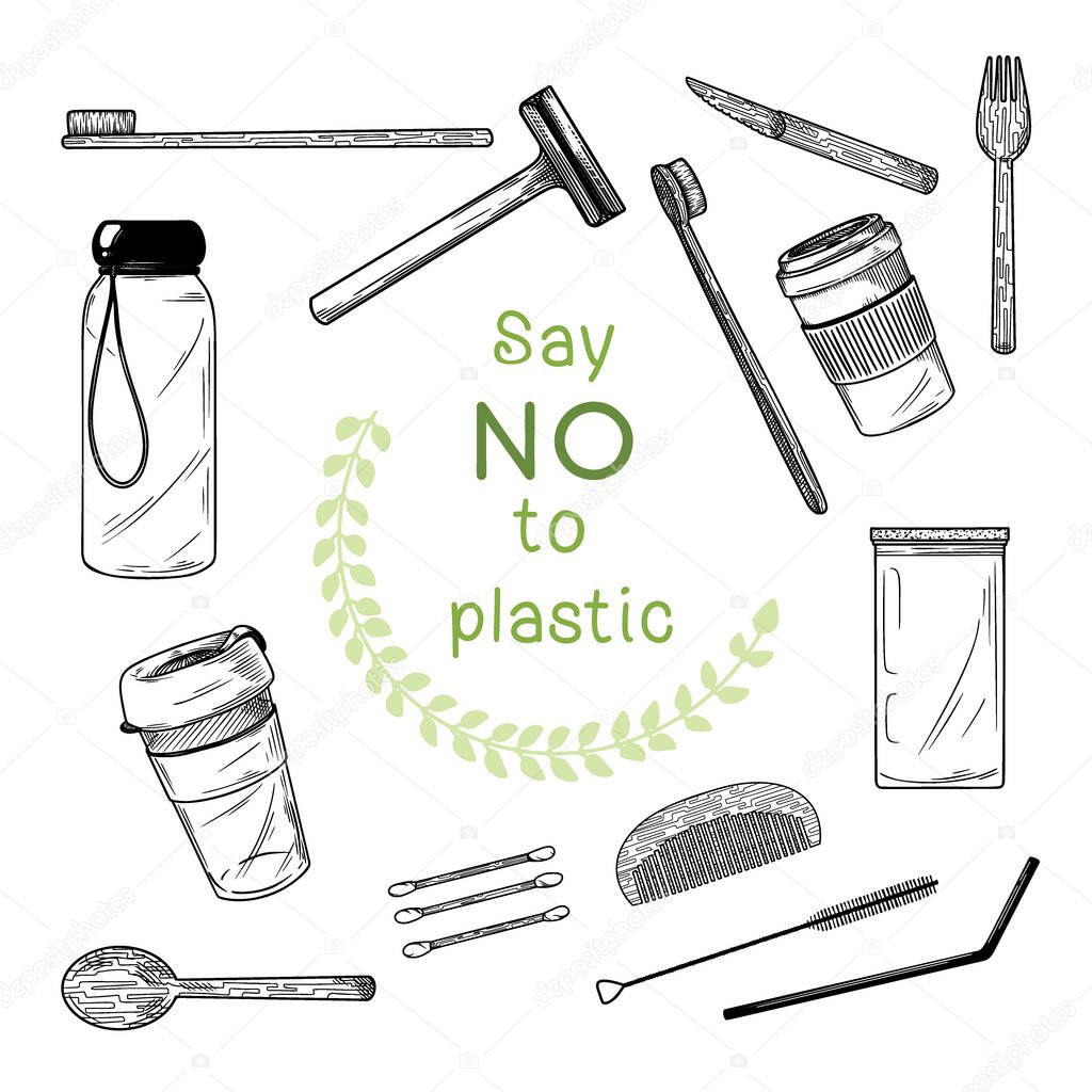 Large set of different environmental items. Zero waste. Vector illustration