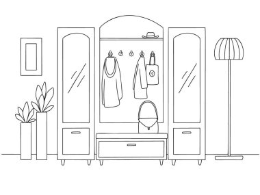 Taslak iç taslak. Koridor mobilyaları, çeşitli dekorasyonlar ve diğer unsurlar. Robot resim biçiminde vektör illüstrasyonu.