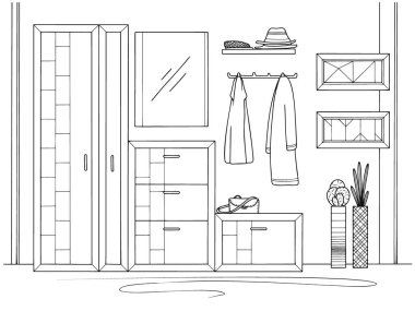 Taslak iç taslak. Koridor mobilyaları, çeşitli dekorasyonlar ve diğer unsurlar. Robot resim biçiminde vektör illüstrasyonu.