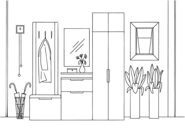 Szkic Wnętrza Meble Przedpokoju Różne Dekoracje Inne Elementy Ilustracja Wektora — Wektor stockowy