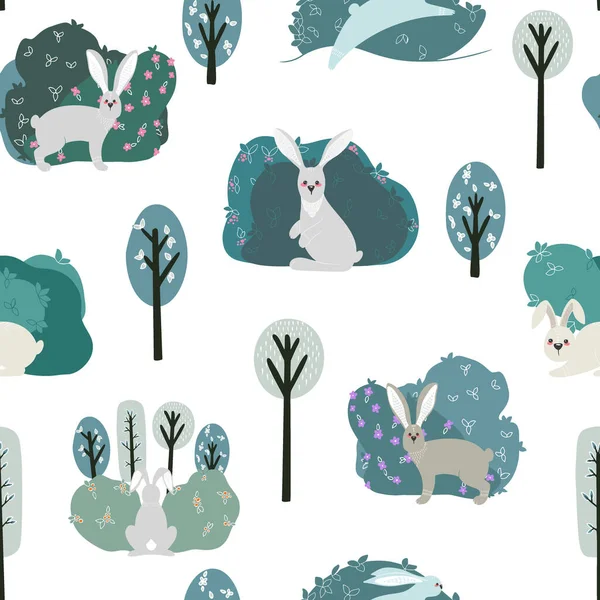 Patrón Sin Costuras Con Conejo Liebre Diferentes Elementos Ilustración Mano — Archivo Imágenes Vectoriales