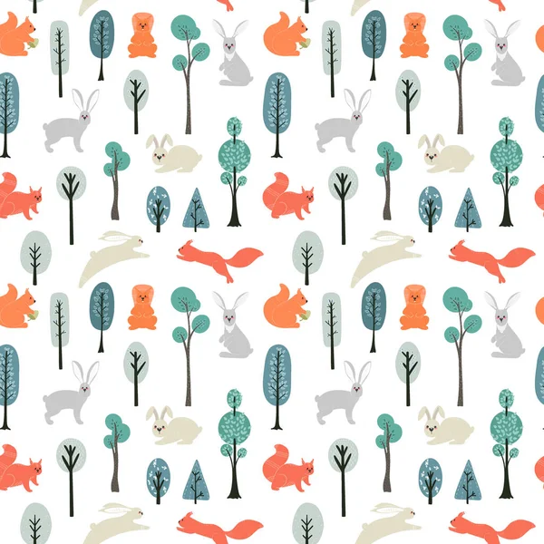 Patrón Sin Costuras Ardillas Liebres Fondo Árboles Plantas Ilustraciones Vectoriales — Vector de stock