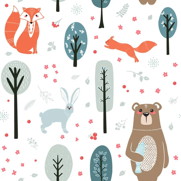 Patrón Sin Costuras Animales Lindos Fondo Del Bosque Árboles Plantas — Vector de stock