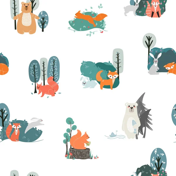 Patrón Sin Costuras Animales Lindos Fondo Del Bosque Árboles Plantas — Vector de stock