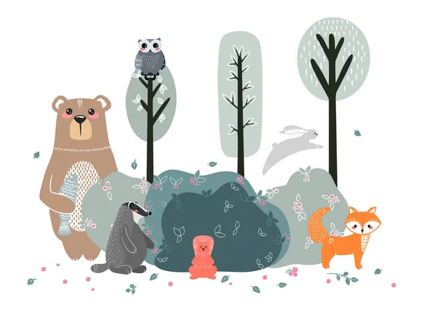 Милые Животные Фоне Леса Деревьев Растений Медведь Фокс Белка Заяц — стоковый вектор