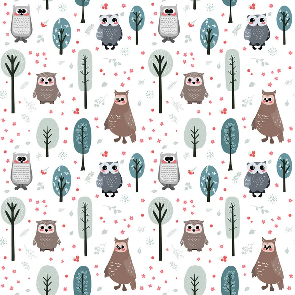 Seamless Pattern Cute Owl Different Elements Vector Illustration Scandinavian Style — Stock Vector