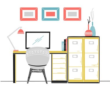 İskandinav tarzında iç mekan. Bilgisayarı olan bir işyeri. İç mekanın çizimi. Vektör illüstrasyonu.