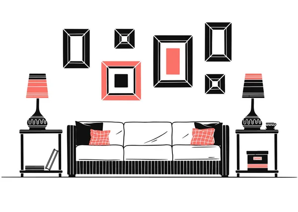 Intérieur Style Scandinave Une Partie Pièce Illustration Vectorielle Dessinée Main — Image vectorielle