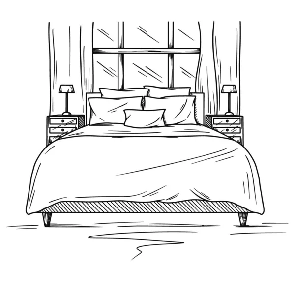 寝室の現実的なスケッチ 内部の手描きスケッチ ベクターイラスト — ストックベクタ