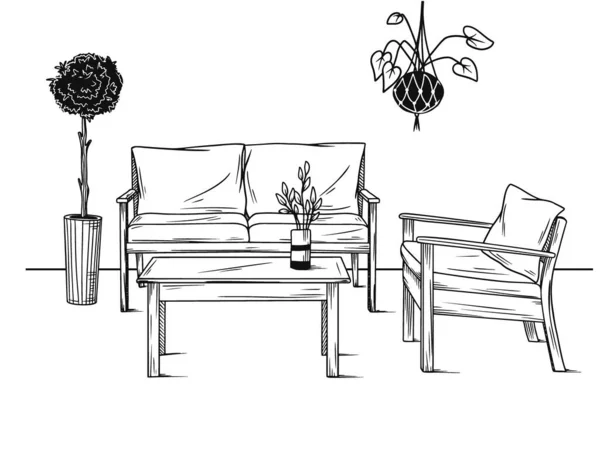 Set Furniture Garden Armchairs Sofa Table Plants Vector Illustration Sketch — Stock Vector