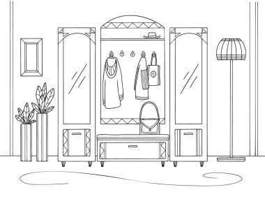 Taslak iç taslak. Koridor mobilyaları, çeşitli dekorasyonlar ve diğer unsurlar. Robot resim biçiminde vektör illüstrasyonu.