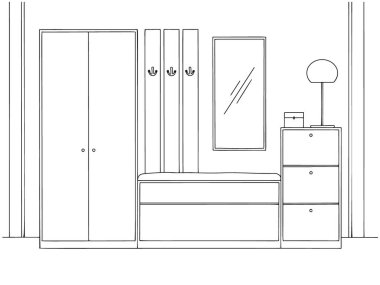 Taslak iç taslak. Koridor mobilyaları, çeşitli dekorasyonlar ve diğer unsurlar. Robot resim biçiminde vektör illüstrasyonu.