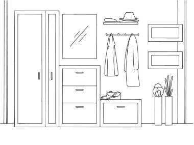 Taslak iç taslak. Koridor mobilyaları, çeşitli dekorasyonlar ve diğer unsurlar. Robot resim biçiminde vektör illüstrasyonu.