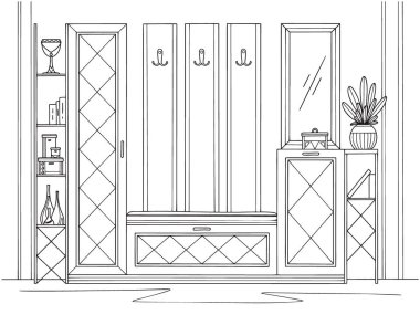 Taslak iç taslak. Koridor mobilyaları, çeşitli dekorasyonlar ve diğer unsurlar. Robot resim biçiminde vektör illüstrasyonu.