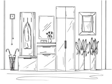 Taslak iç taslak. Koridor mobilyaları, çeşitli dekorasyonlar ve diğer unsurlar. Robot resim biçiminde vektör illüstrasyonu.