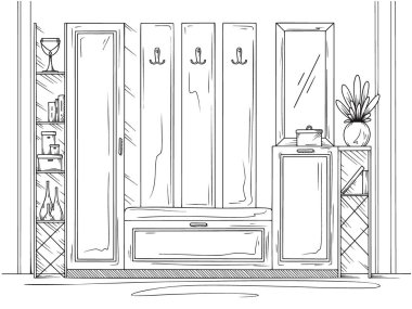 Taslak iç taslak. Koridor mobilyaları, çeşitli dekorasyonlar ve diğer unsurlar. Robot resim biçiminde vektör illüstrasyonu.