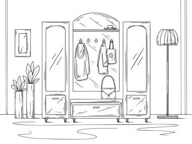 Taslak iç taslak. Koridor mobilyaları, çeşitli dekorasyonlar ve diğer unsurlar. Robot resim biçiminde vektör illüstrasyonu.