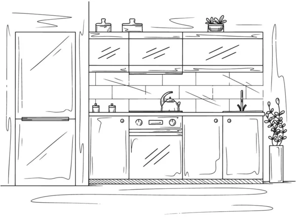 Mobili Cucina Illustrazione Vettoriale Stile Schizzo — Vettoriale Stock