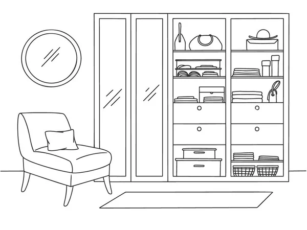 Linear Sketch Wardrobe Wardrobe Armchair Different Elements Interior White Background — Stock Vector