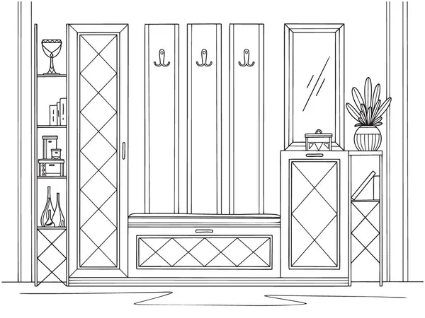 Boceto Interior Muebles Pasillo Varias Decoraciones Otros Elementos Ilustración Vectorial — Vector de stock