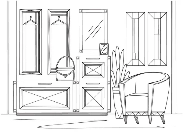 Boceto Interior Muebles Pasillo Varias Decoraciones Otros Elementos Ilustración Vectorial — Vector de stock