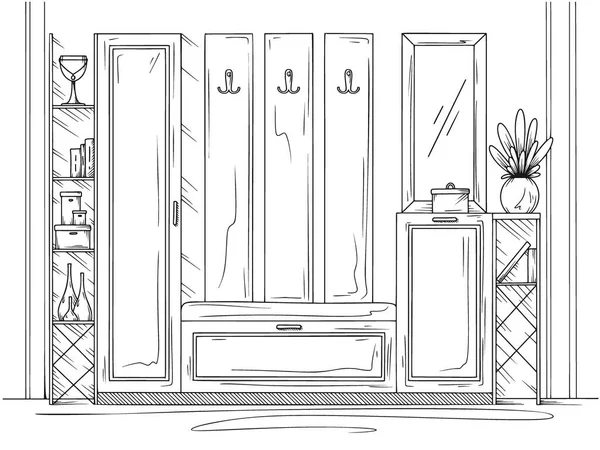 スケッチのインテリア 廊下の家具 様々な装飾やその他の要素 下絵風のベクターイラスト — ストックベクタ