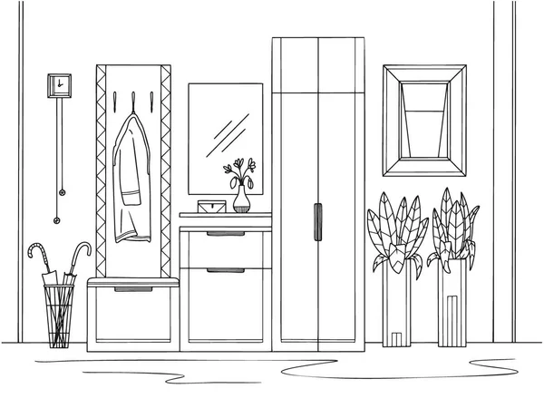 Boceto Interior Muebles Pasillo Varias Decoraciones Otros Elementos Ilustración Vectorial — Archivo Imágenes Vectoriales