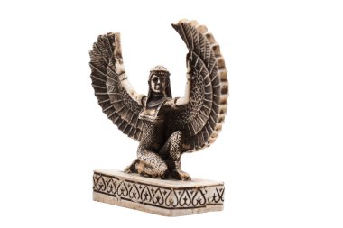 İsis heykeli, Eski Mısırlıların tanrısı, beyaz arka planda firavun, izole edilmiş, ön açı