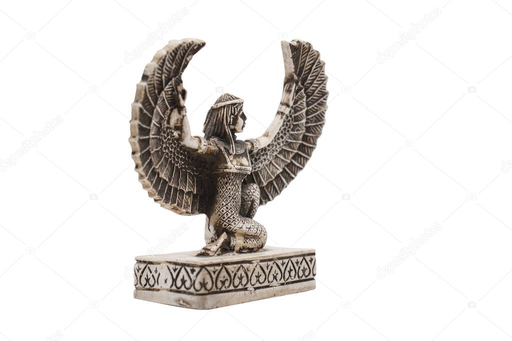 Isis statue, the god of Ancient Egyptians, Pharaoh on white background, isolated, Back angle