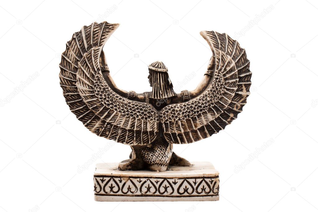 Isis statue, the god of Ancient Egyptians, Pharaoh on white background, isolated, Back view