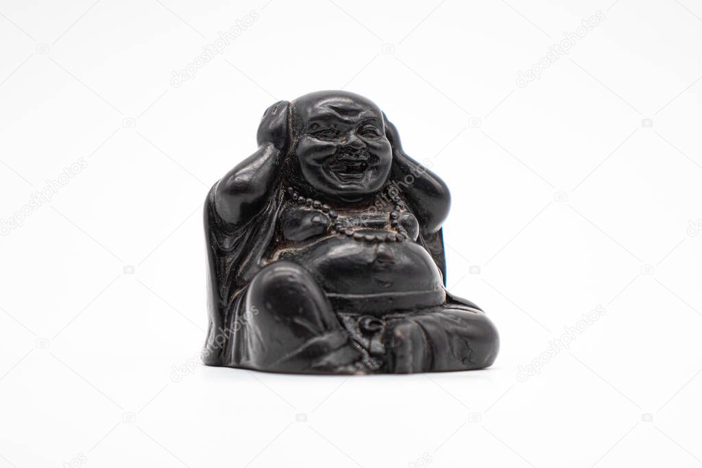 Statue hear no evil, Black sculpture rock on white, isolated, Front angle