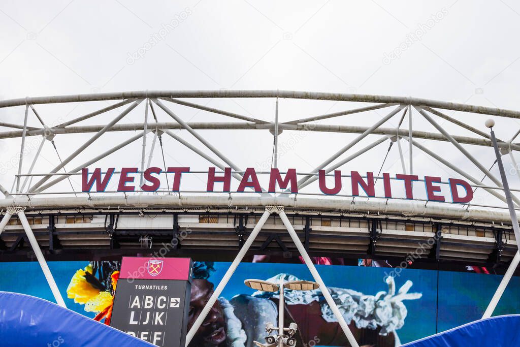 Close up of West Ham United signage on London Stadium exterior in Stratford, East London. London, UK, 14 July 2024