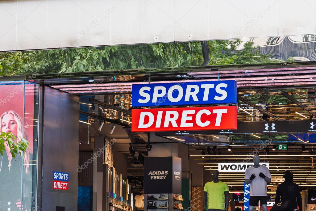 Sports Direct store signage and logo at a retail shop entrance. London, UK, 5 October 2024