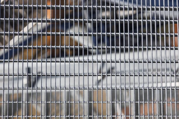 Dikey parmaklıklı paslanmaz çelik çitin ayrıntılı görüntüsü.