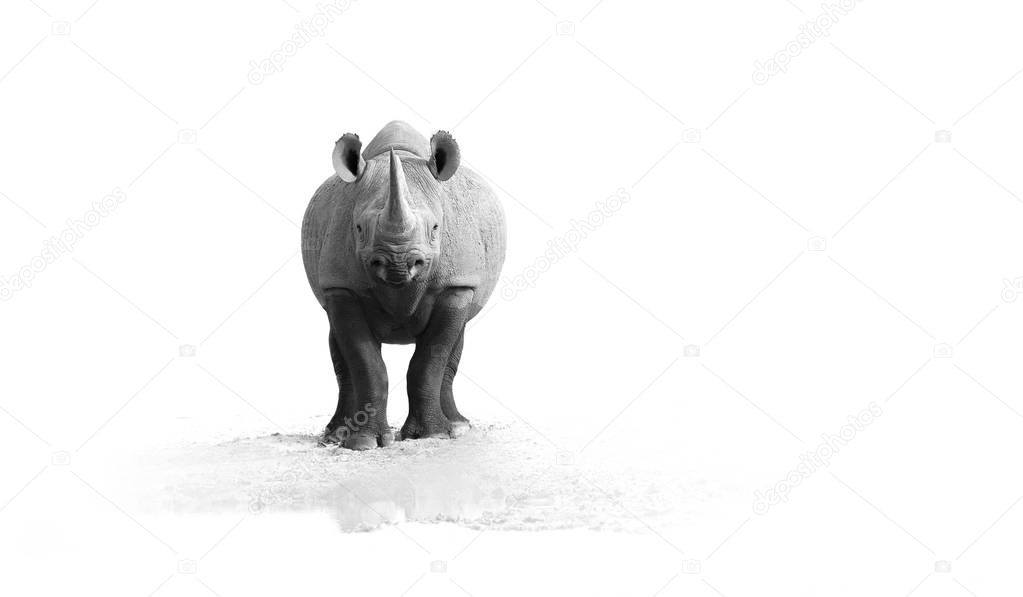 Black and white, artistic photo of black rhinoceros, Diceros bicornis, front view, staring at camera,standing on the rim of waterhole, isolated on white background. Endangered animal,Etosha, Namibia.