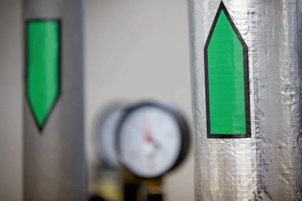 Aluminum Insulated Heating Water Pipes Marked Green Arrows Flow Directions — Stock Photo, Image