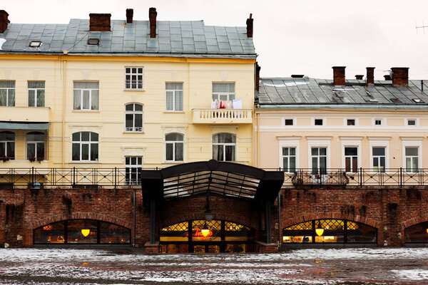 Old vintage building facade in downtown, Ivano-Frankivsk