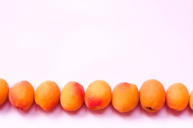 Pembe bir arka plan üzerinde taze kayısı. Düz yatıyordu. Modern yaz desen. Kopya alanı.