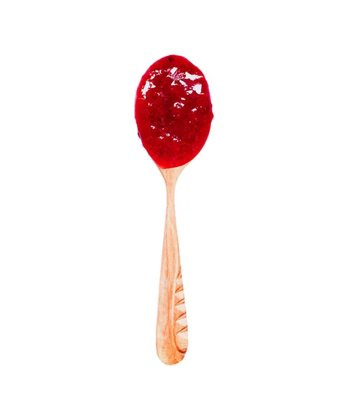 一滴红色浆果果酱在木勺子查出在白色背景 — 图库照片
