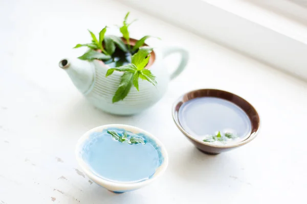 Tea Ceremony Lemon Ginger Tea Mint Teapot Two Bowls Pure — Stock Photo, Image
