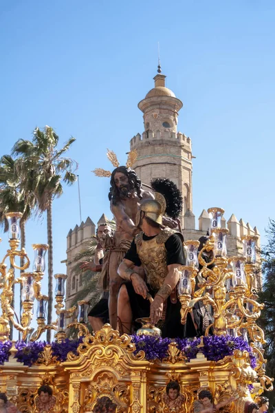 Heliga Veckan Sevilla Broderskap Cigarreras Jesus Bunden Till Kolumnen — Stockfoto