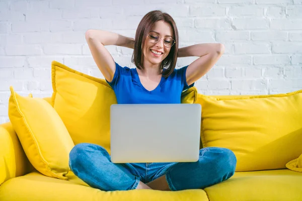 Casually Dressed Cute Smiling Girl Staying Home Relaxing Comfortable Yellow — Stock Photo, Image